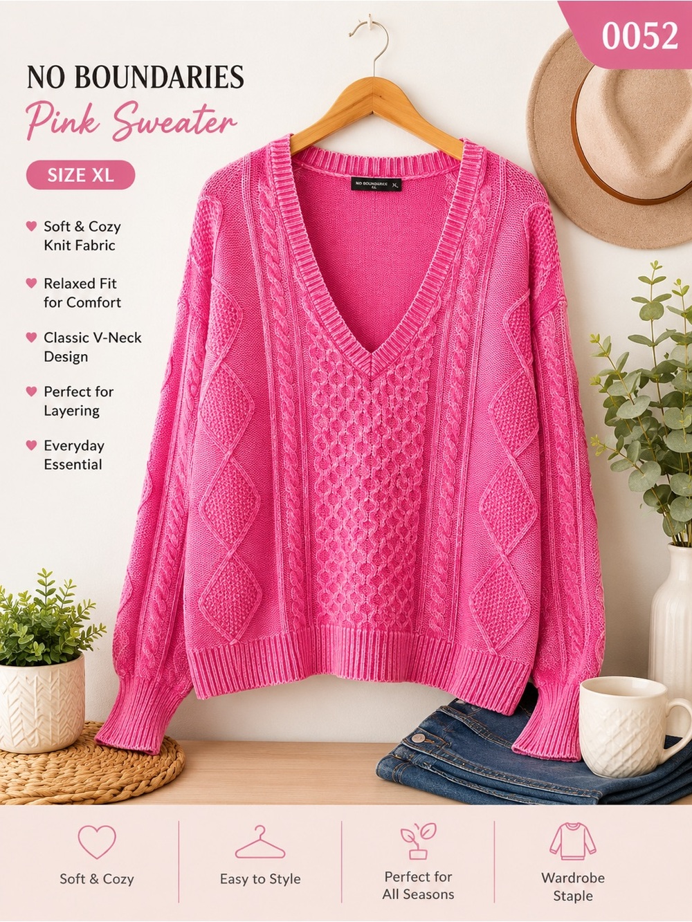 No Boundaries Bright Pink Cable Knit V-Neck Sweater